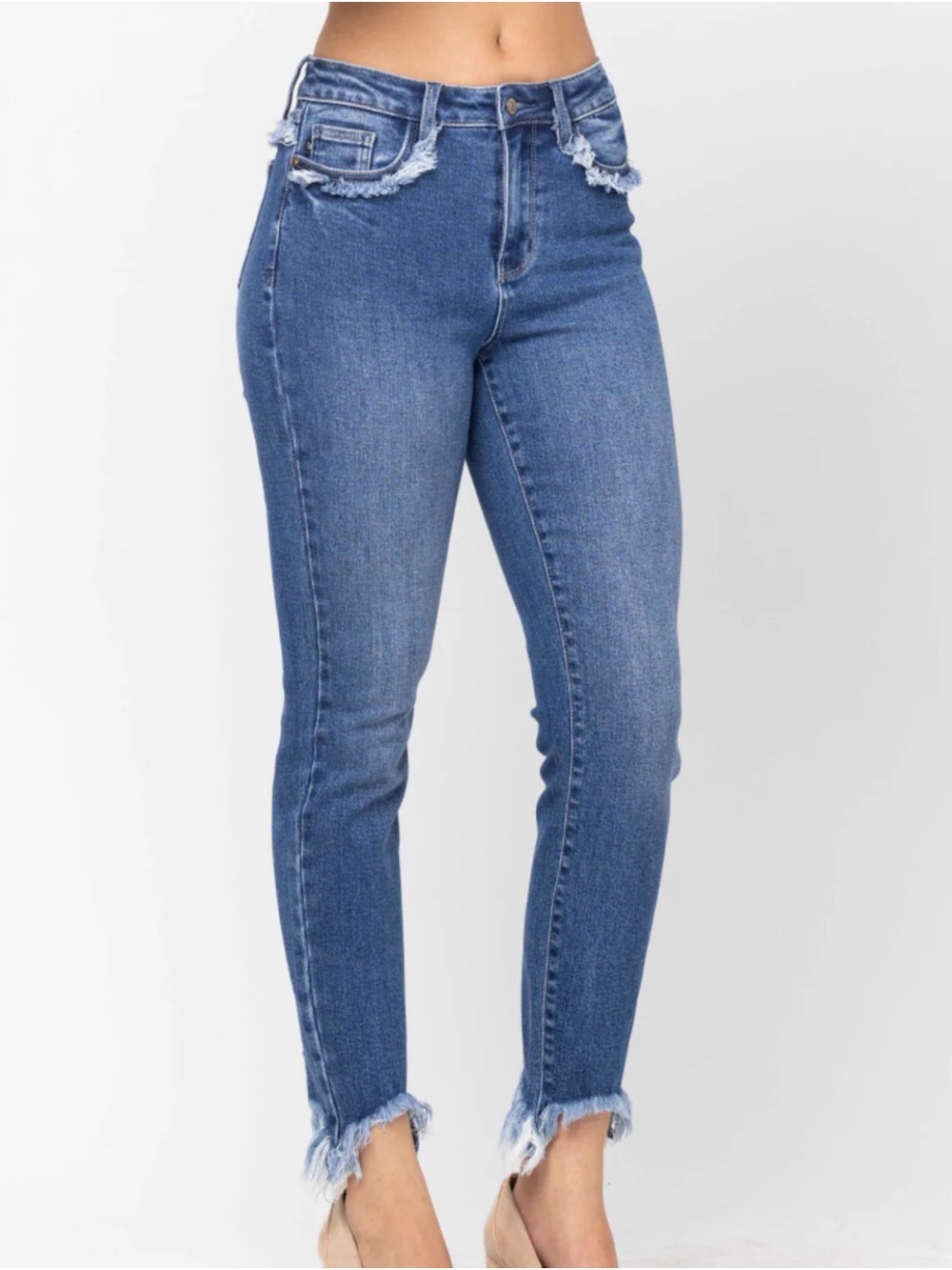 EUC Judy Blue Medium Wash Frayed Hem High-Waist Slim Straight Jeans